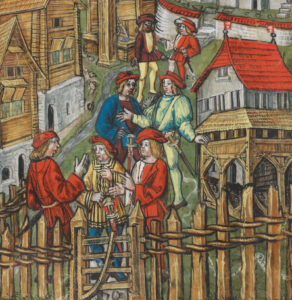 Stans, 1481: men engage in lively discussion on the village square as they await news on the progress of the Tagsatzung (detail).
