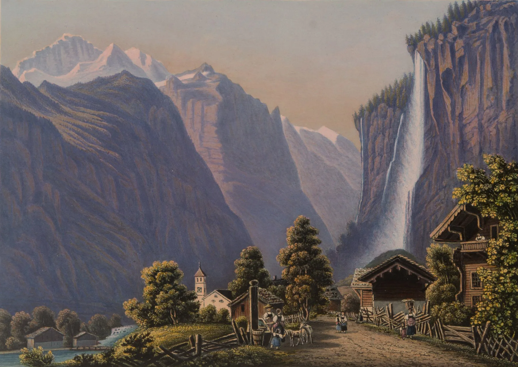 Ansicht des Staubbachfalls bei Lauterbrunnen. Mit seiner Fallhöhe von fast 300 Metern wurde er 1779 zur Inspiration von Goethes Gedicht «Gesang der Geister über den Wassern». Eine damals wohl erworbene Zeichnung von Franz Schütz hängt heute noch im Goethe-Wohnhaus in Weimar.
