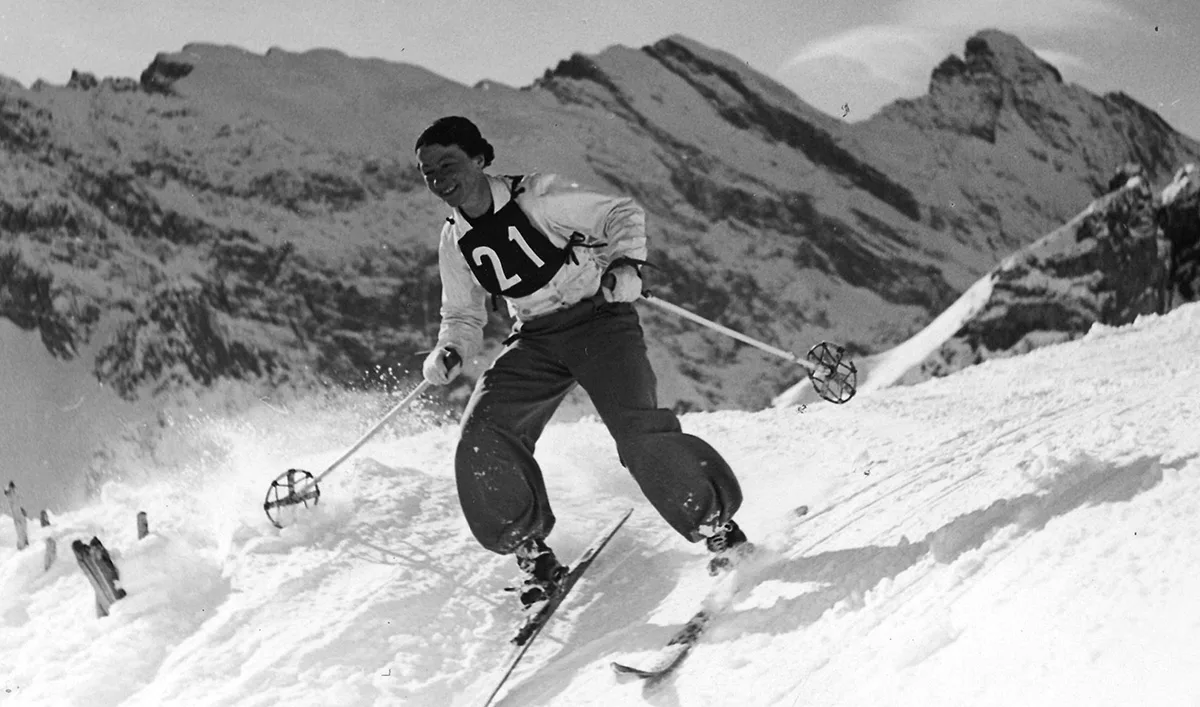 Schnappschuss eines unbekannten Fotografen: Rösli Streiff 1934 am «No Fall Race» in Mürren.