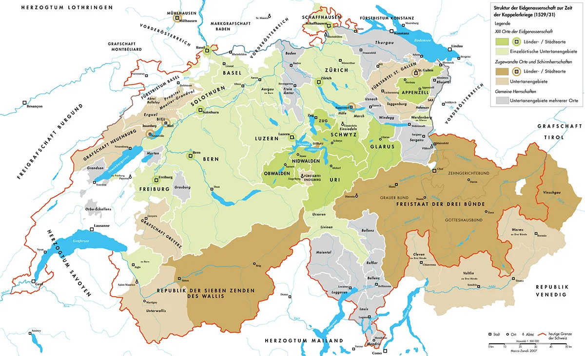 Die Karte zeigt die Eidgenossenschaft um 1530 und veranschaulicht ihre Struktur mit den 13 Alten Orten.