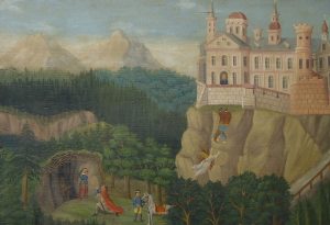 La chute depuis le château, représentée sur une peinture exposée au musée du Toggenbourg à Lichtensteig.
