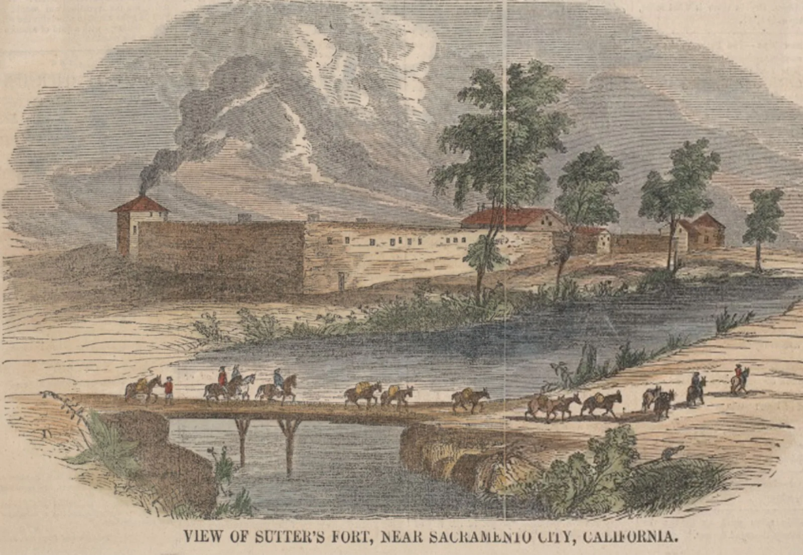 Sutters Ford in Sacramento, Zeichnung aus dem 1840er-Jahren.