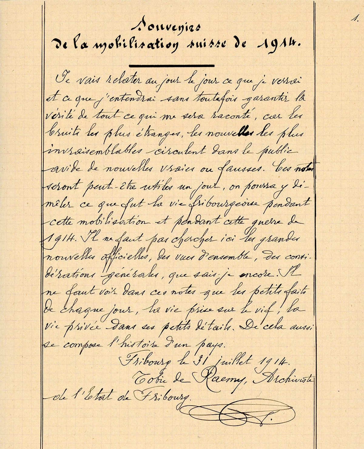«Souvenirs de la mobilisation suisse de 1914.» Tagebucheintrag von Tobie de Raemy vom 31. Juli 1914.