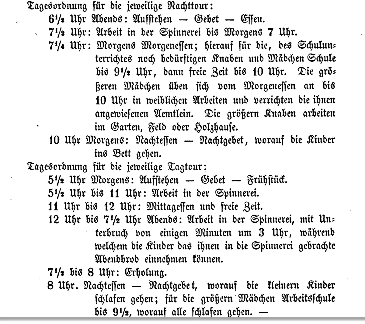 Tagesordnung aus einem Bericht des ersten Anstaltsdirektors Lukas Businger, 1863.