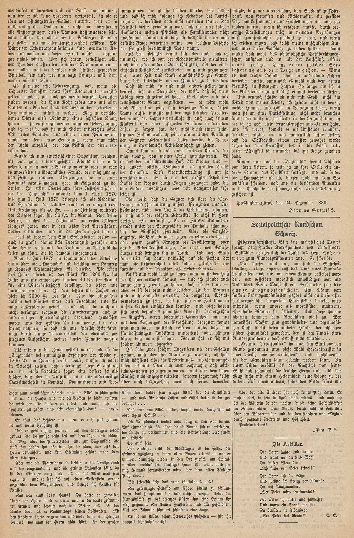 Berner Tagwacht vom 25. Dezember 1880.