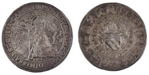 Thaler of the diocese of Sion from 1501. One side depicts St. Theodul, the other the family coat of arms of Matthäus Schiner with crosier, mitre and sword.