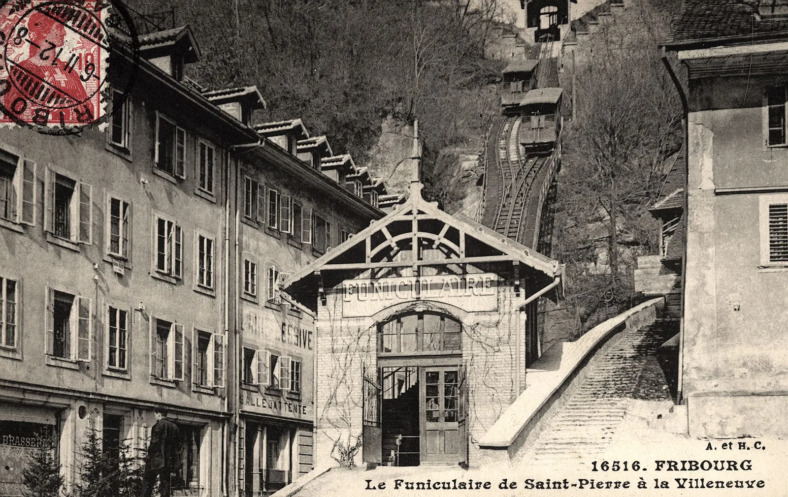 Talstation des Funiculaire in Freiburg, vor 1912.