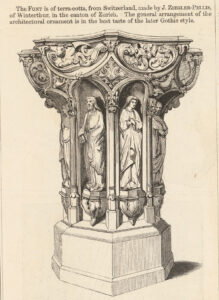 Image of the font produced by Ziegler’s ceramics factory, reproduced from the catalogue of the Great Exhibition in London, 1851.