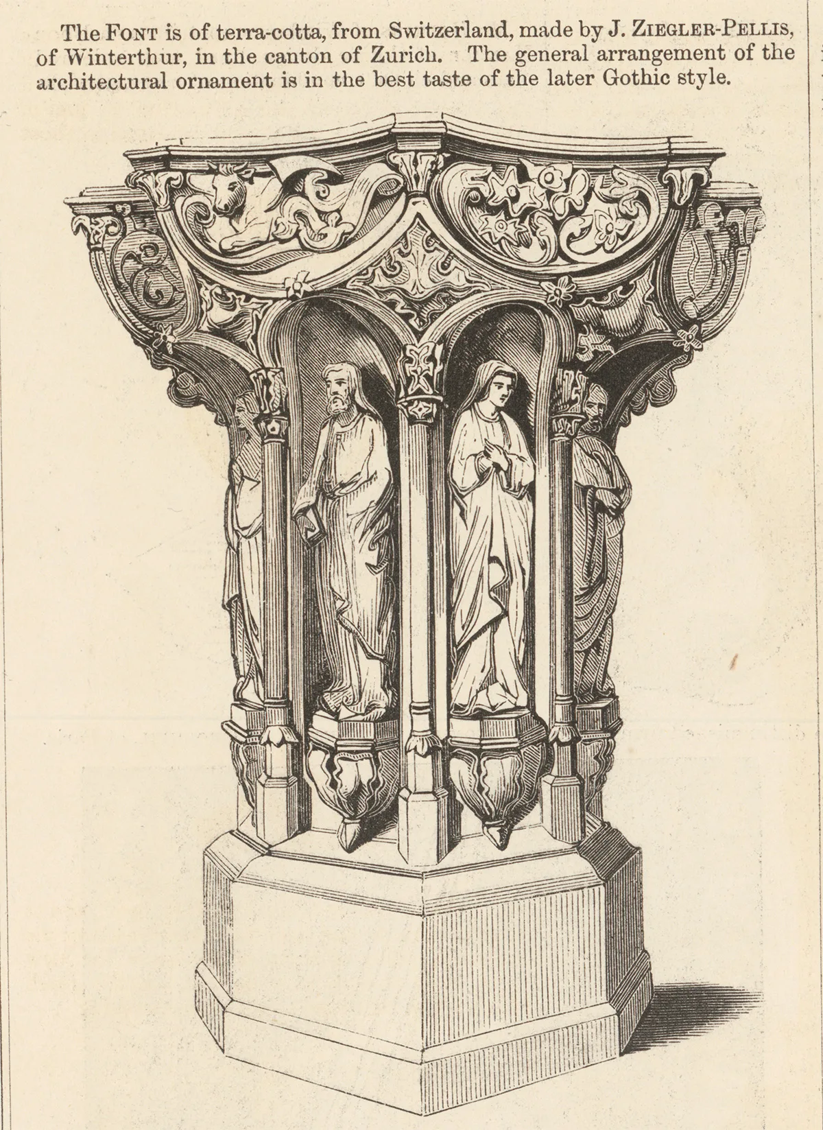 Taufstein aus der Produktion der Ziegler’schen Tonwarenfabrik, Reproduktion aus dem Katalog der Londoner Weltausstellung von 1851.