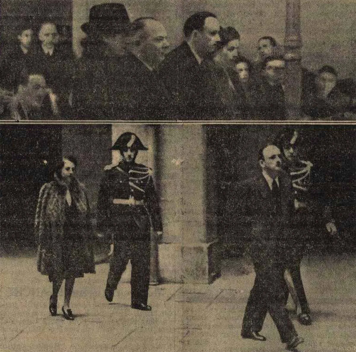 Vor Gericht und unter Bewachung: Oben sind (von links) Dolly Rochat, Paul Rochat, Roger Joël und Virginie Rota («Nina») zu sehen. Unten begleiten Gendarmen Rota und Joël durch den Korridor des Genfer Palais de Justice.