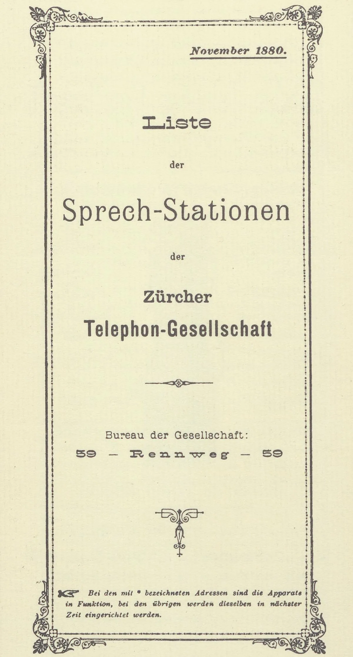 Telefonbuch der Zürcher Telephon-Gesellschaft von 188o.