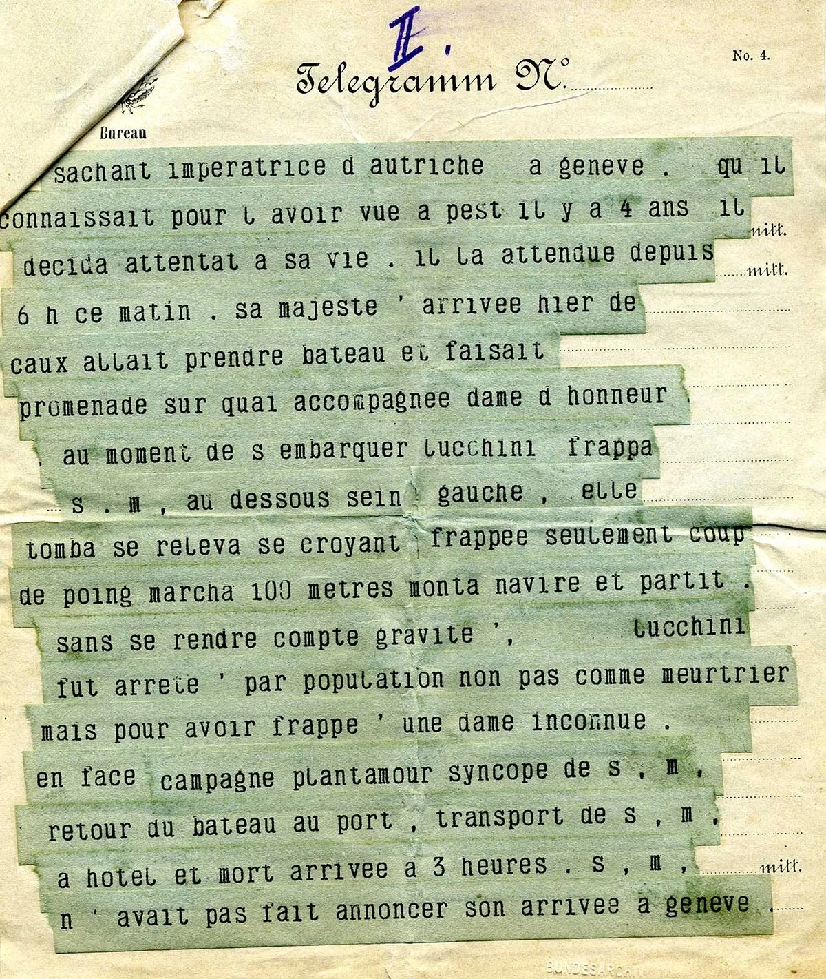 Telegramm an Bundespräsident Eugène Ruffy, 10. September 1898.