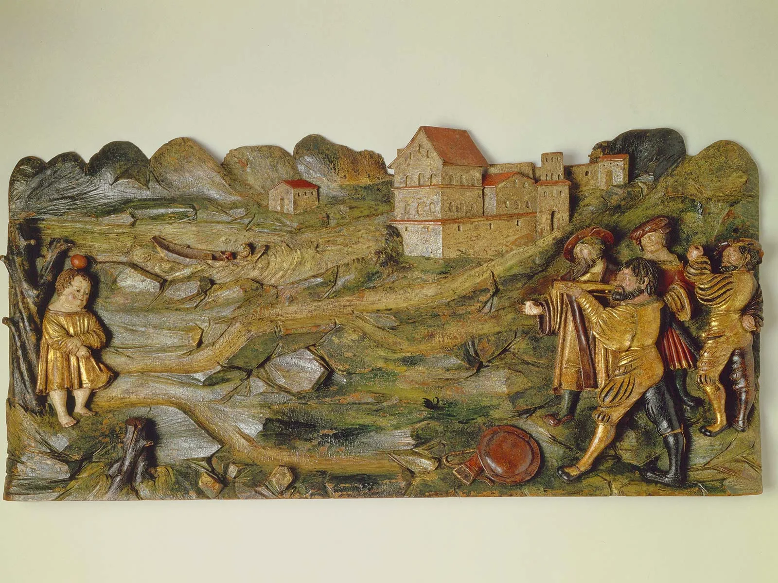 Sculpture en relief représentant le tir à l'arc de Tell, décor murale, vers 1520. Photo : Musée national suisse