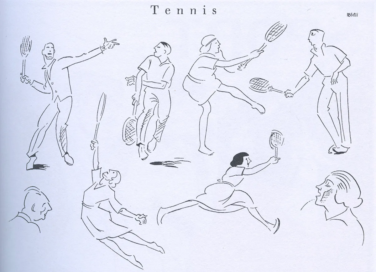 Karikatur des Nebelspalters aus dem Jahre 1925, die sich über die speziellen Bewegungen der TennisspielerInnen lustig macht.