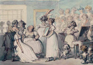 Caricature «The Wig Shop»: les cheveux naturels, en supposant qu’il en reste, étaient souvent rasés, tant chez les femmes que les hommes. Aquarelle de Thomas Rowlandson, date inconnue.