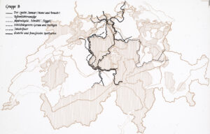 Tracés de frontières associées à divers aspects culturels, présentés sur une diapositive en verre: Richard Weiss utilisa ce support visuel dans le cadre de son argumentaire en faveur de la «ligne Brunig-Napf-Reuss» comme frontière culturelle.