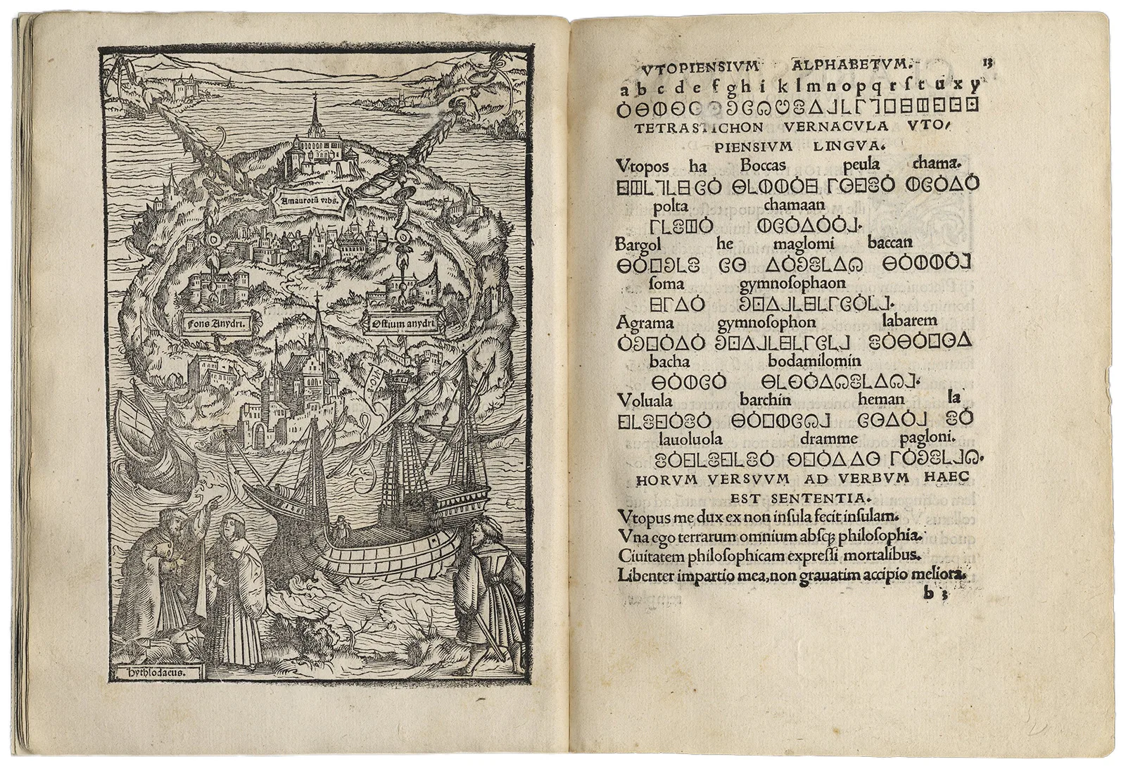 Illustrierte Doppelseite aus Morus’ Buch «Vom besten Zustand des Staates und der neuen Insel Utopia», 1518.