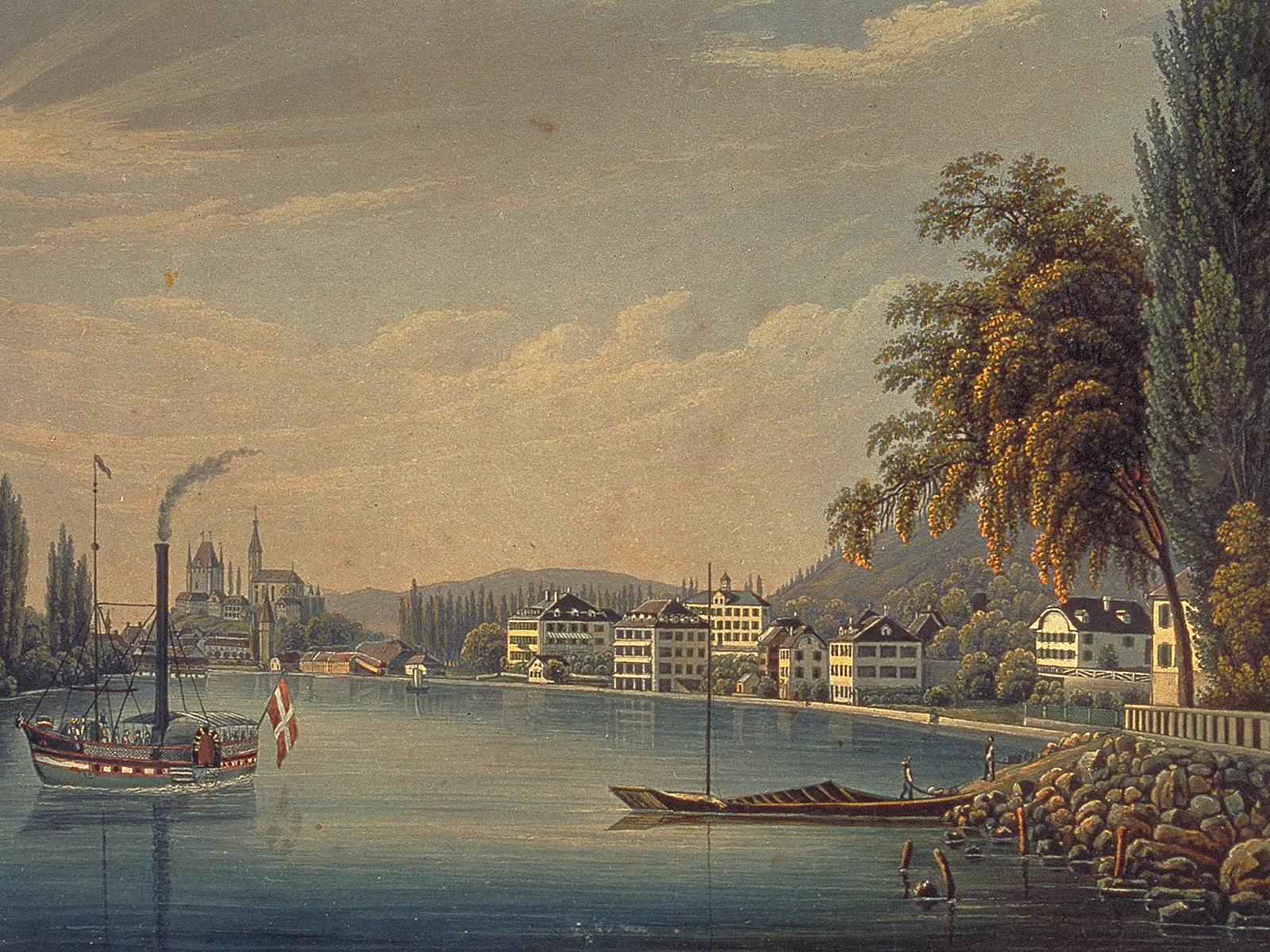 Blick auf Thun und das Hotel Bellevue mit dem Dampfschiff «Bellevue» links, kolorierte Aquatinta von Heinrich Siegfried, um 1840, Verleger Rudolf Dikenmann, Zürich.