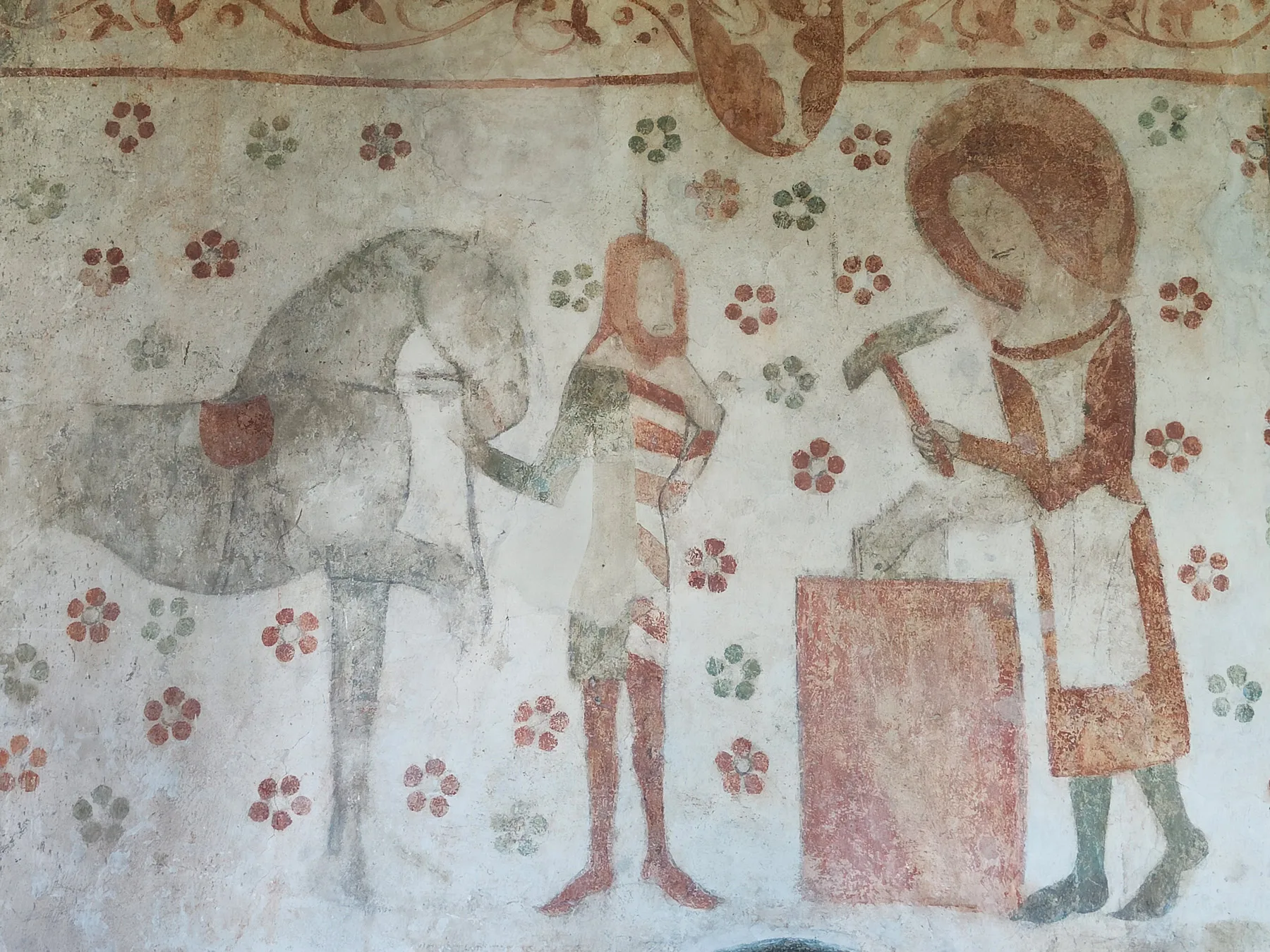 Der Heilige Eligius ist der Schutzpatron der Hufschmiede und Tierärzte. Der Legende nach hat er einem Pferd den Fuss amputiert, ihn auf dem Amboss beschlagen und anschliessend wieder angesetzt. Diese Geschichte ist auf einer Wandmalerei in der Kirche Kirchlindach BE aus der zweiten Hälfte des 14. Jahrhunderts dargestellt.