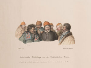 «Réfugiés grecs de la troupe d’Ypsilantis», lithographie aquarellée, 1823.