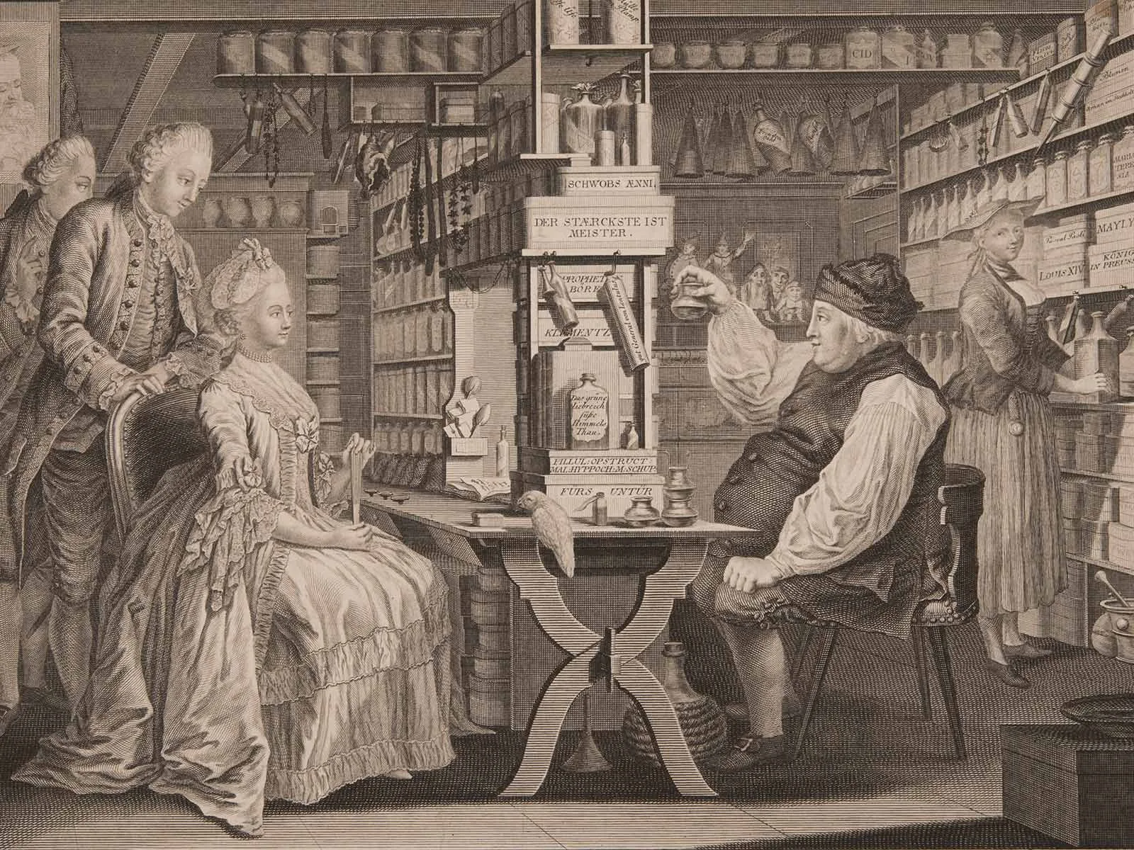 Michael Schüppach in seiner «Apotheke» in Langnau im Emmental. Druckgrafik, um 1775.