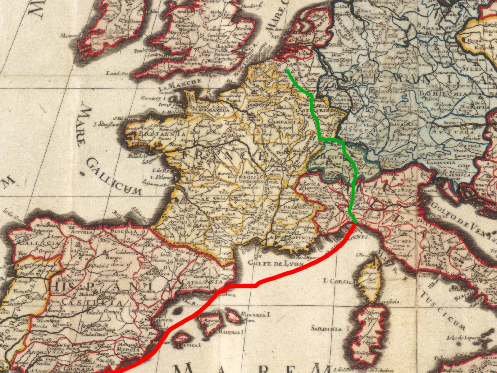 Carte de l’Europe centrale, vers 1670. À partir de 1604, les troupes espagnoles eurent l’autorisation de traverser les cantons catholiques de la Confédération pour se rendre aux Pays-Bas.