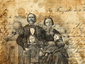 En 1868, Rudolf Heer, sa femme Rosina et leurs deux filles Barbara et Maria émigrèrent de Glaris en Amérique. Illustration de Marco Heer.