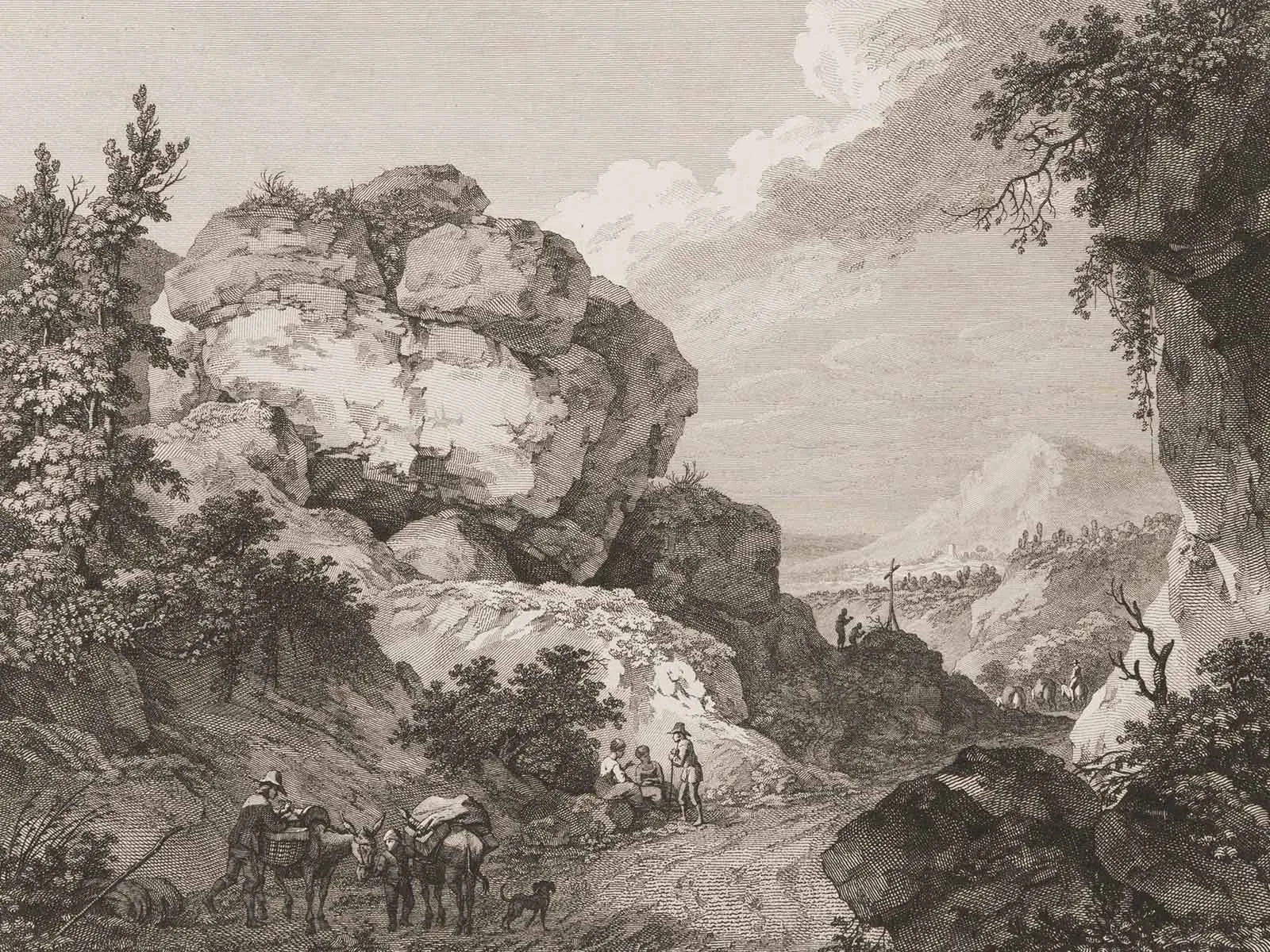 Print by Adrian Zingg, created in 1770. The landscape is that of Saxony but could just as easily be Switzerland.