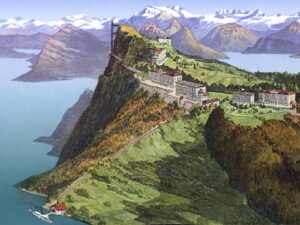 Le Bürgenstock, un complexe parfait avec ses hôtels, ses montagnes, son lac et son ascenseur. Carte postale de 1928.