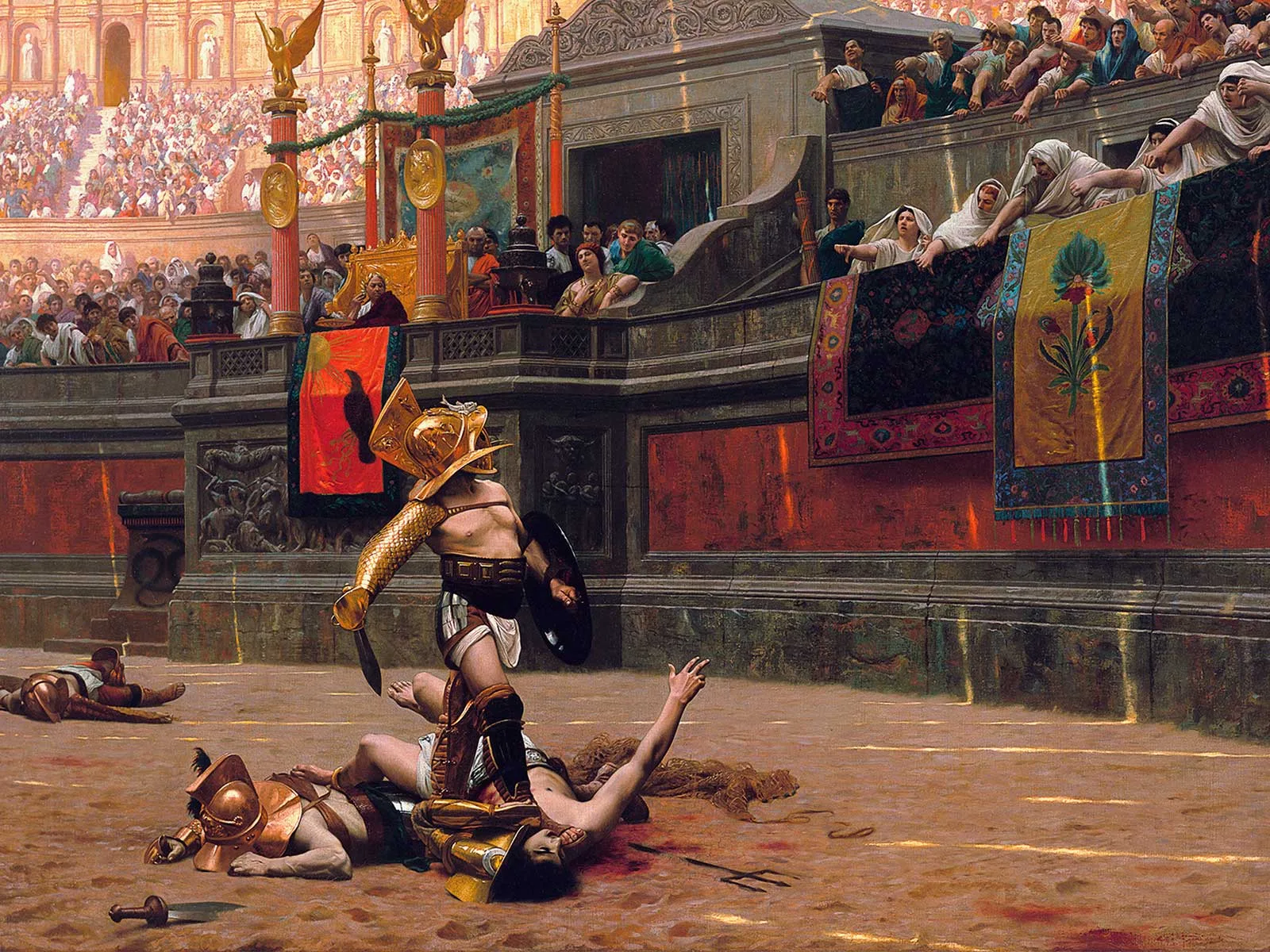 Pollice Verso, with a turned thumb. Often the fate of a defeated gladiator was in the hands of the crowd. Painting by Jean-Léon Gérôme, 1872.