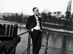 James Joyce at his favorite place in Zurich, the confluence of the Sihl and Limmat rivers, 1937.