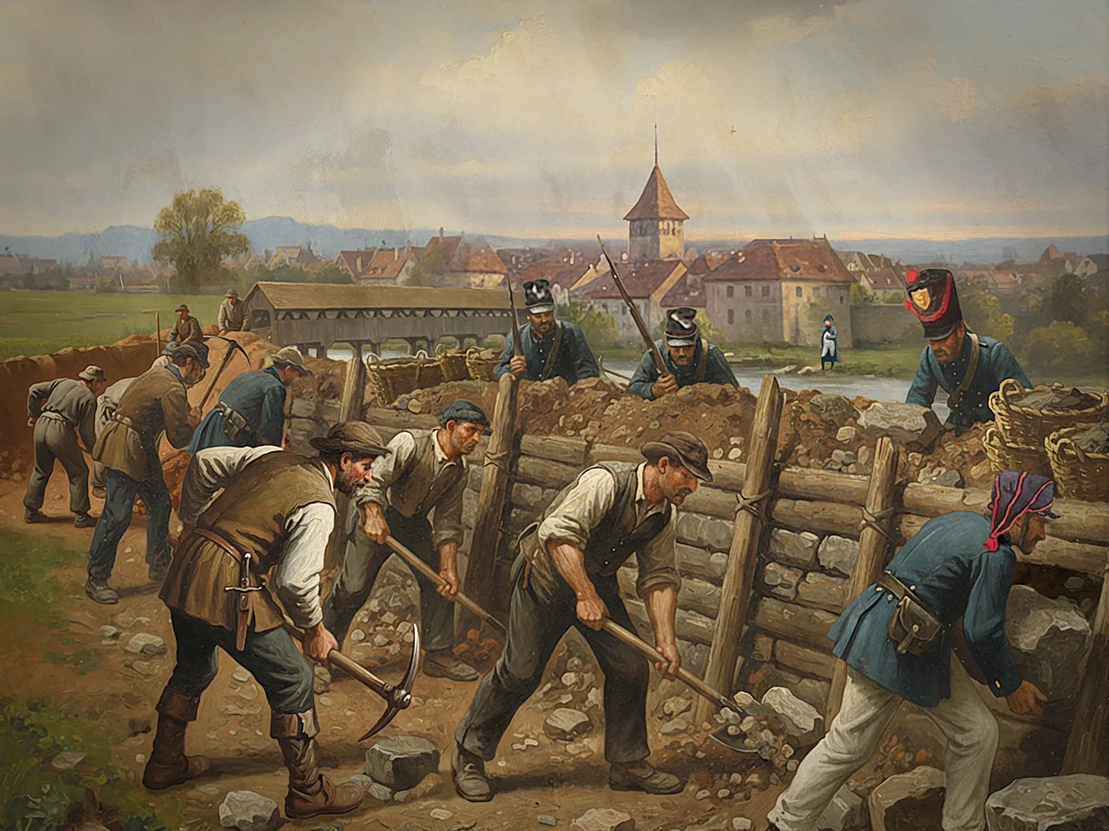 In Aarberg wurde noch gearbeitet, als Napoleon längst geschlagen und die Gefahr eines französischen Angriffs gebannt war. Illustration von Marco Heer.