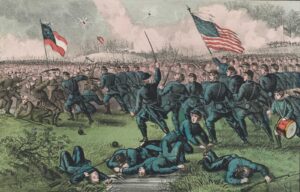 The troops of the Union (Northern states) fight against the Confederates (Southern states), Battle of Corinth, October 4, 1862, in the American Civil War.
