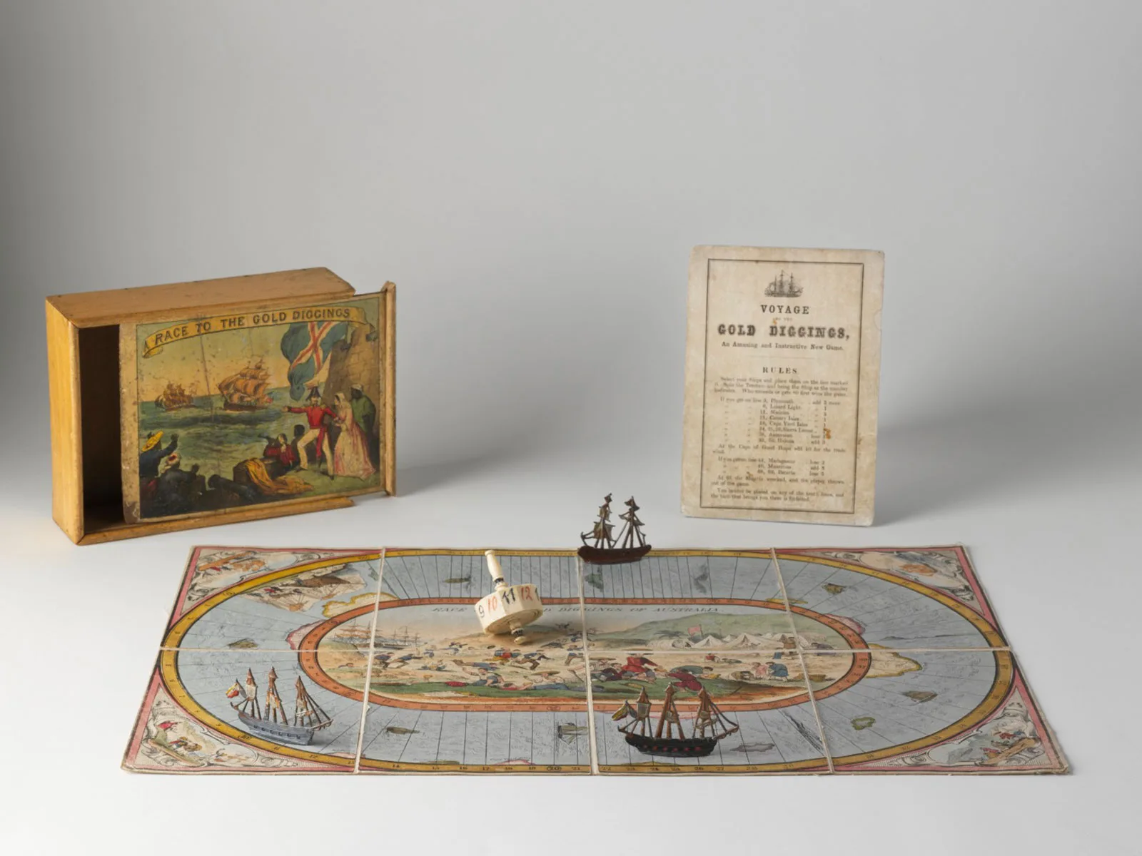 Brettspiel mit dem Titel «Wettlauf zu den Goldgruben», um 1855.