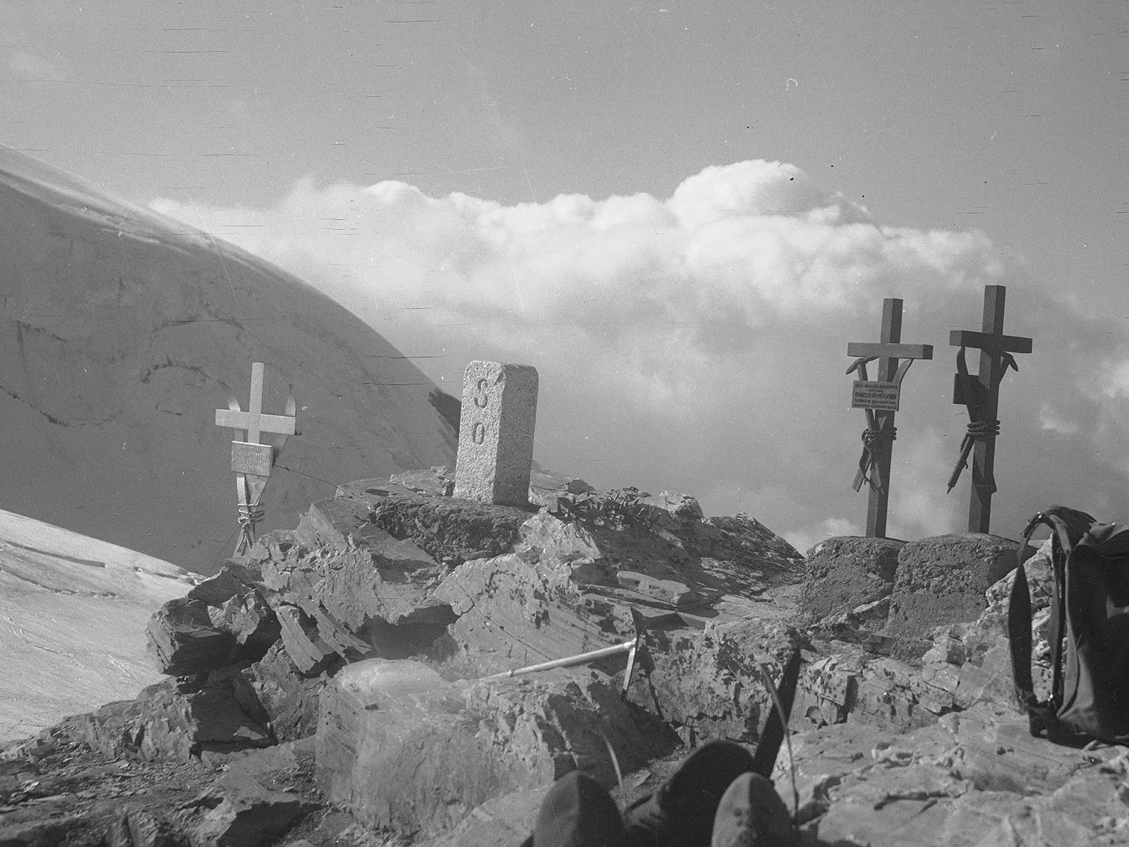 One of the border stones placed on Testa Grigia in 1938.