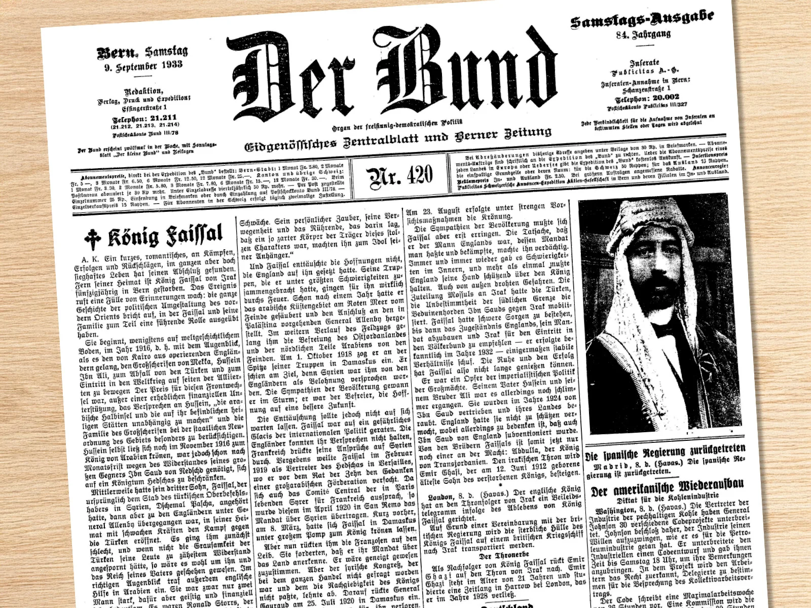 «Der Bund» meldet am 9. September 1933 den Tod des Irakischen Königs Faysal I. in Bern.