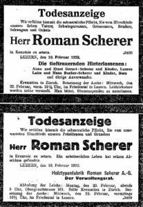 Death notice in the newspaper Der Bund dated 21 February 1922.