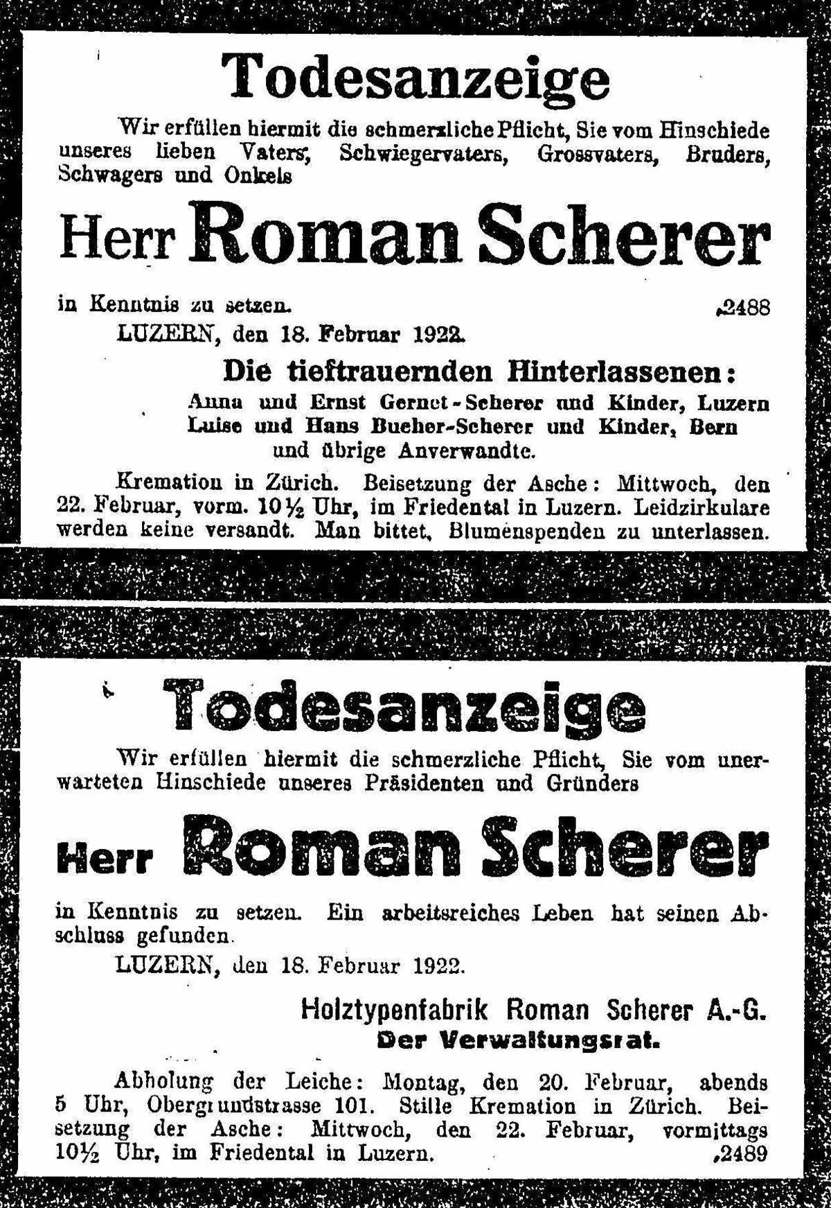 Todesanzeigen in der Zeitung Der Bund vom 21. Februar 1922.