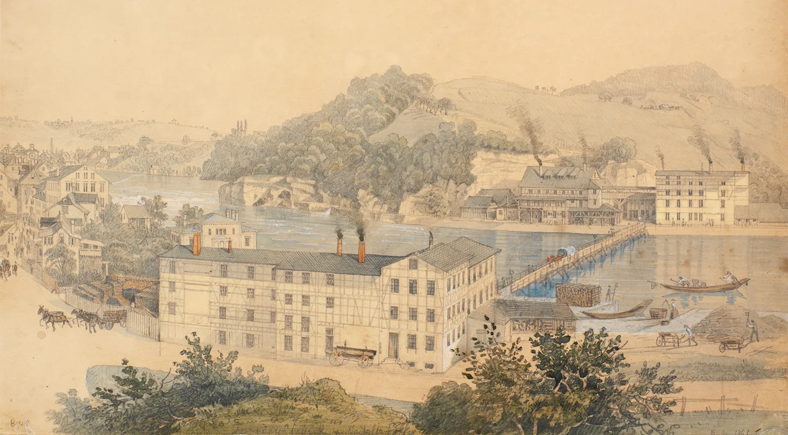 «Tonwarenfabrik Ziegler Pellis», Aquarell von Emanuel Labhardt, 1861.