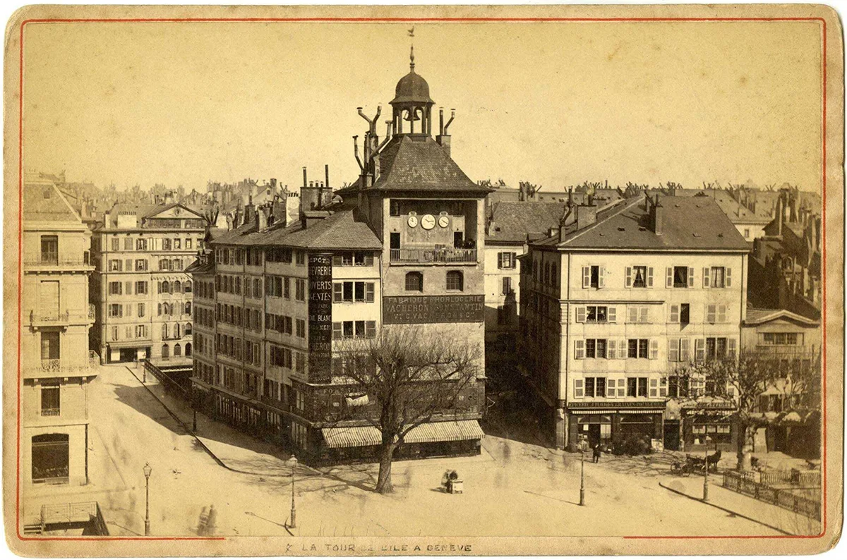 Am Tour de l’Ile in Genf zeigten bis 1886 drei Uhren die Zeit an: Pariser Zeit, Genfer Zeit und Berner Zeit. Foto von Auguste Louis Garcin, vor 1895.