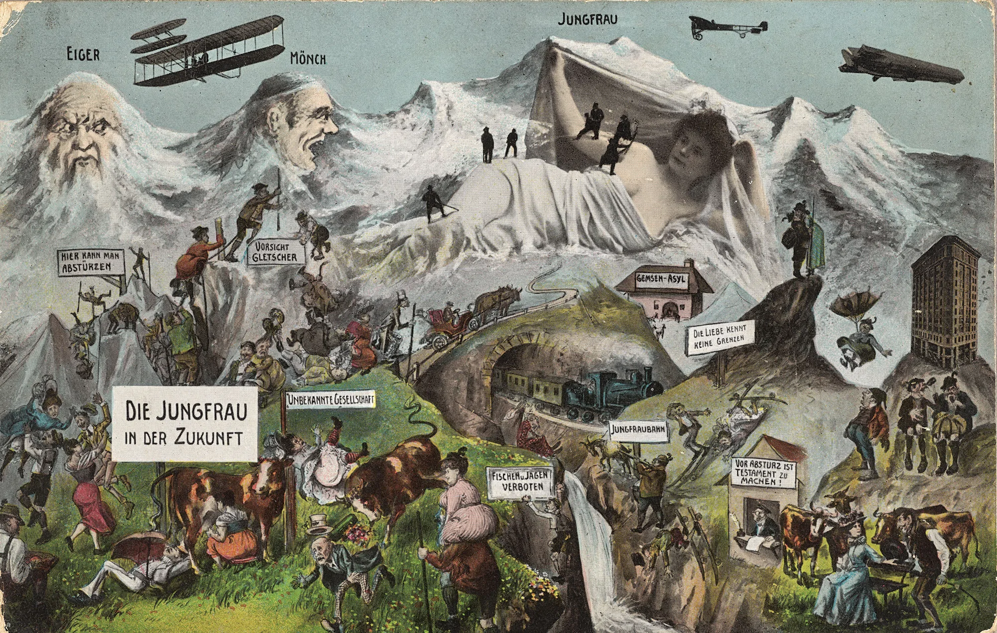 Une carte postale satirique datant d’environ 1910 montre la Jungfrau du futur, envahie par les touristes: trains, avions et masses de visiteuses et visiteurs conquièrent la montagne.