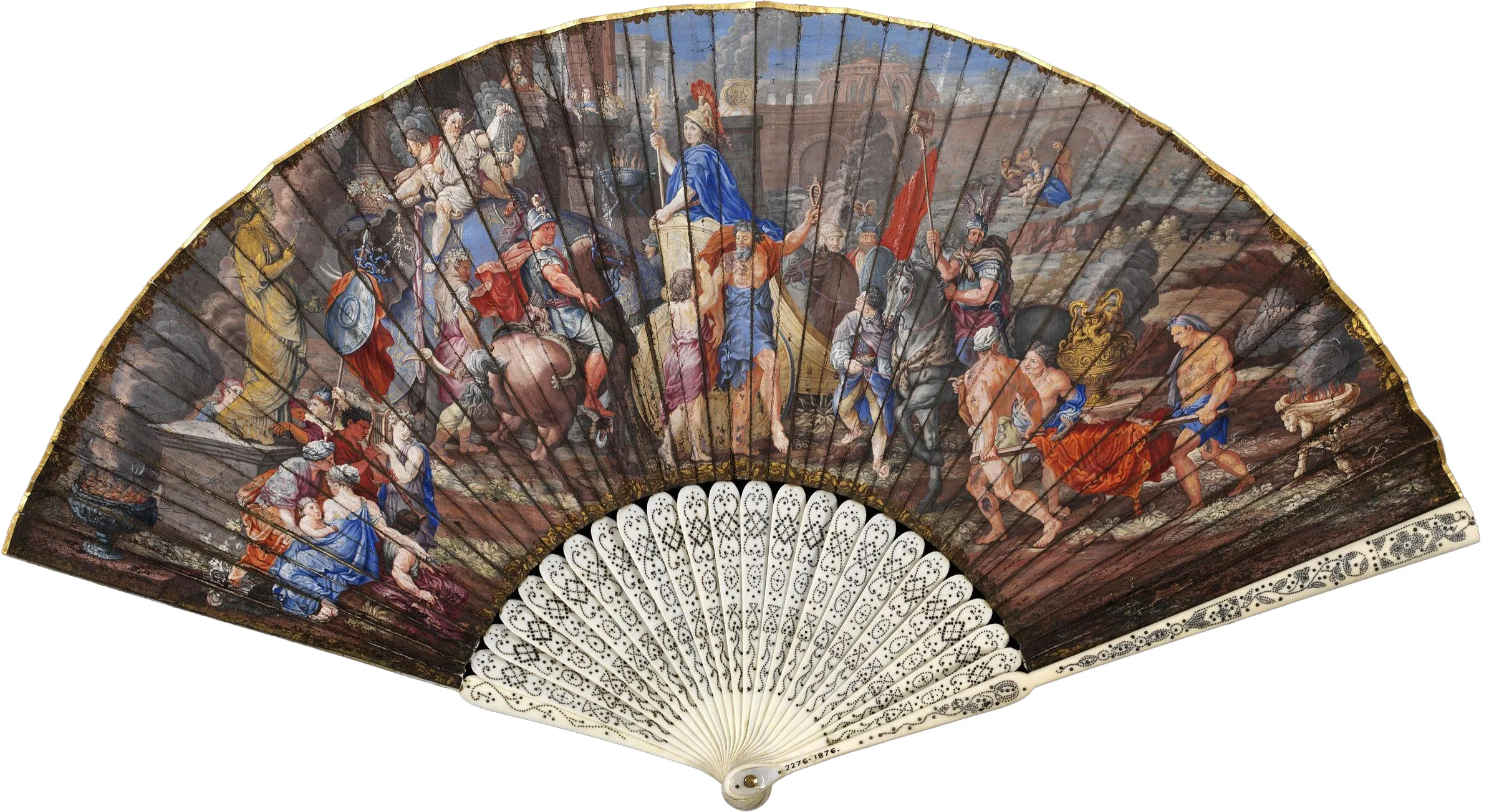 «Der Triumph Alexanders des Grossen» auf einem italienischen Fächer, der zwischen 1690 und 1700 für den französischen Hof produziert worden ist. Die Szene ist einer Serie von fünf Gemälden entnommen, die Charles Le Brun zwischen 1661 und 1668 im Auftrag von Ludwig XIV. malte.