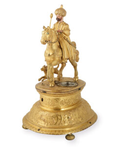 None of the timepieces made by Rudolf Stadler remain. This automaton clock featuring an Ottoman rider from the Basel Historical Museum, which was produced around 1580 in Augsburg, provides a good idea of the timepieces that formed an integral part of the Emperor’s tributes to the Sultan in the 16th and 17th centuries.