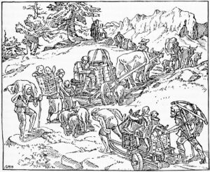 Undated illustration of a Walser march across the Alps.