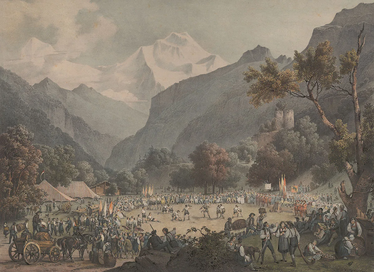 Das Unspunnenfest, dargestellt von Godefroy Engelmann dem Älteren, 19. Jahrhundert.