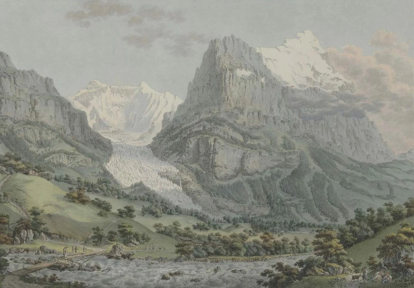 Unterer Grindelwaldgletscher und der Berg Eiger, Radierung von Gabriel Lory, um 1788.