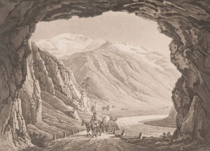 Vue depuis le Trou d’Uri en direction d’Andermatt. Gravure réalisée vers 1830.