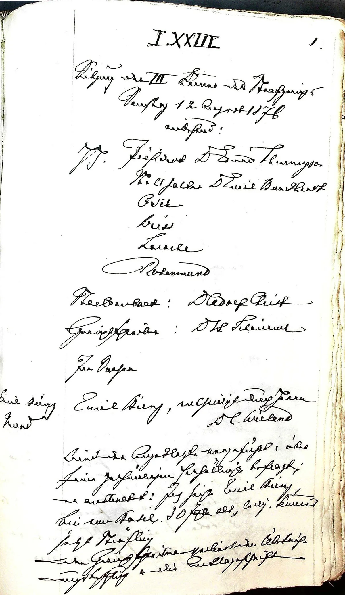 Court judgment of 12 August 1876 sentencing Emil Bienz to life imprisonment.