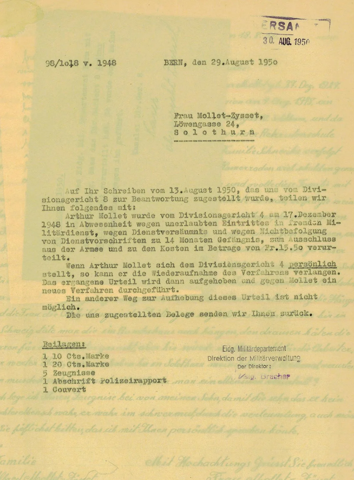 Brief zu einem Gerichtsurteil gegen einen Fremdenlegionär, 1950.