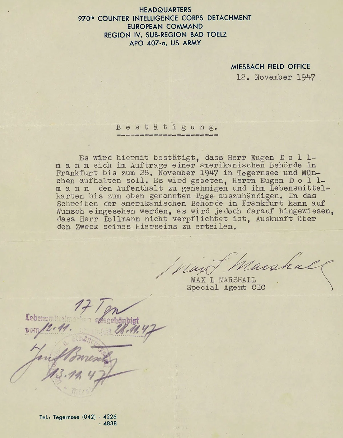 US-Passierschein für den ehemaligen SS-Offizier Eugen Dollmann, der ebenfalls an der Operation Sunrise beteiligt war.